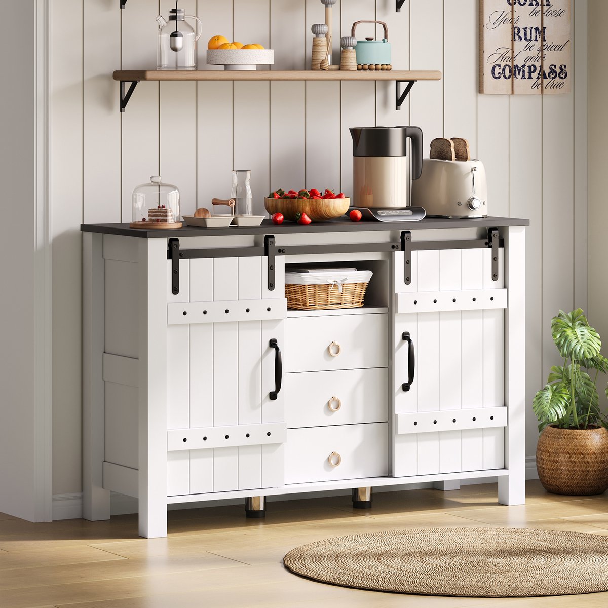 Wishdor Dressoir Met Opbergruimte - Schuifdeuren En 3 Lades - Landelijke Stijl - MDF - Wit - 120 X 40 X 80 Cm