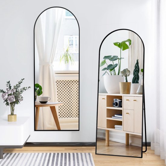 Passpiegel 164x54 cm - Grote wandspiegel met multifunctionele aluminium lijst (hangend/zittend/staand), Passpiegel voor badkamer, slaapkamer, hal of woonkamer, Zwart Halfrond