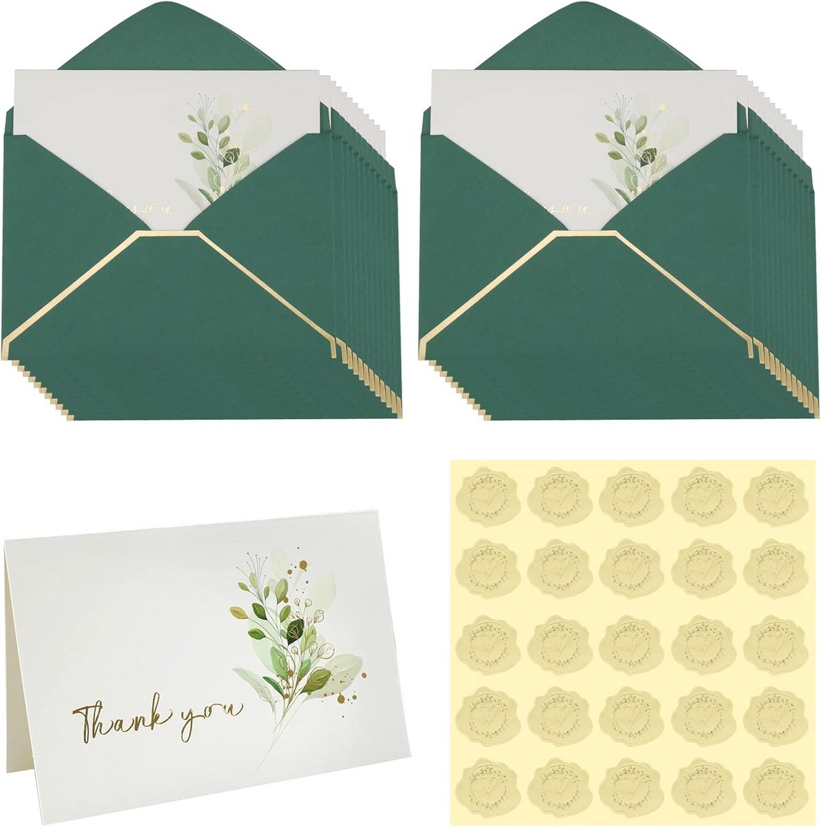 24 Stuks Groene Bedankt Kaarten met Enveloppen en Stickers voor Bruiloften, Afstuderen, Babyshowers en Meer