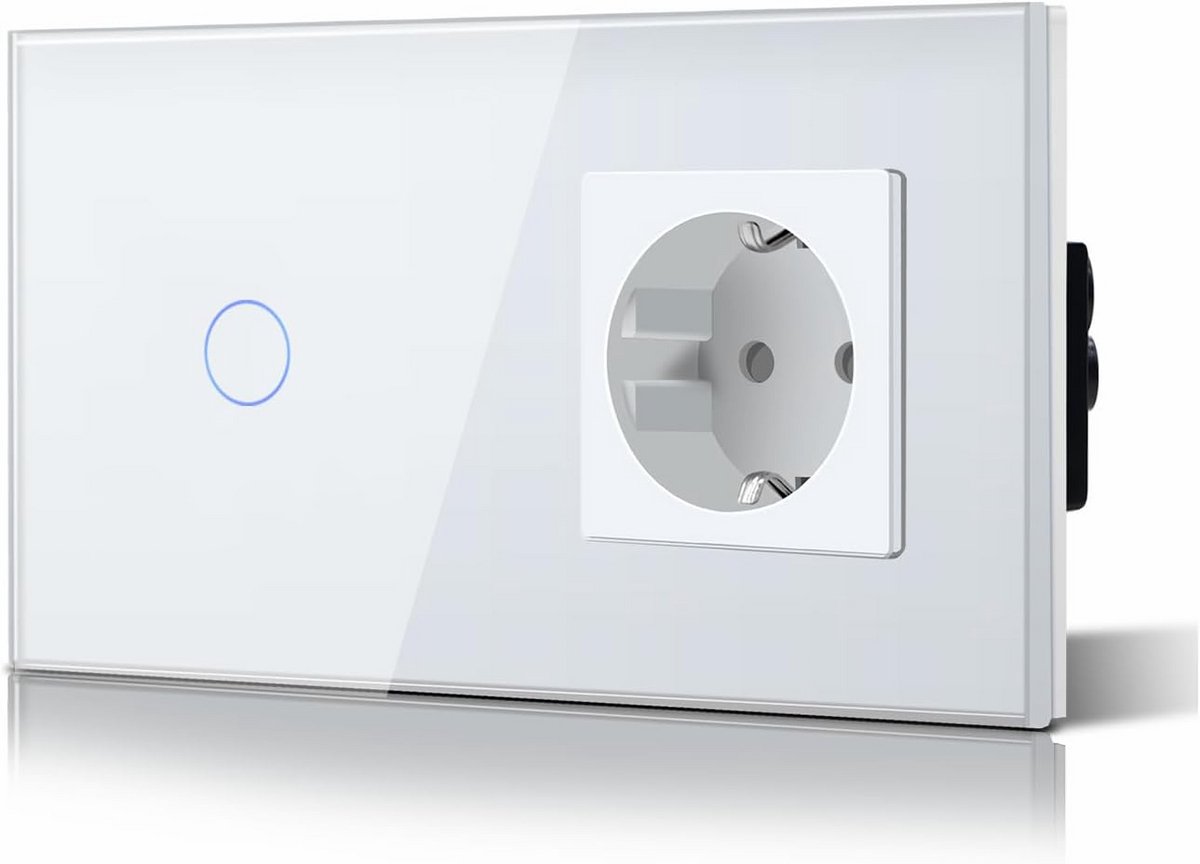Touch Light Switch with Earthed Socket – Recessed Design, Crystal Glass Plate – Light Switch & Wall Socket – 157 mm – White