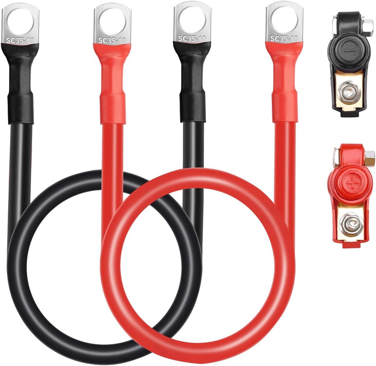 Batterijkabelset 2 stuks 60 cm 16 mm² - 12 V 5 AWG, Accukabel met Oogjes, Koper, Rood en Zwart