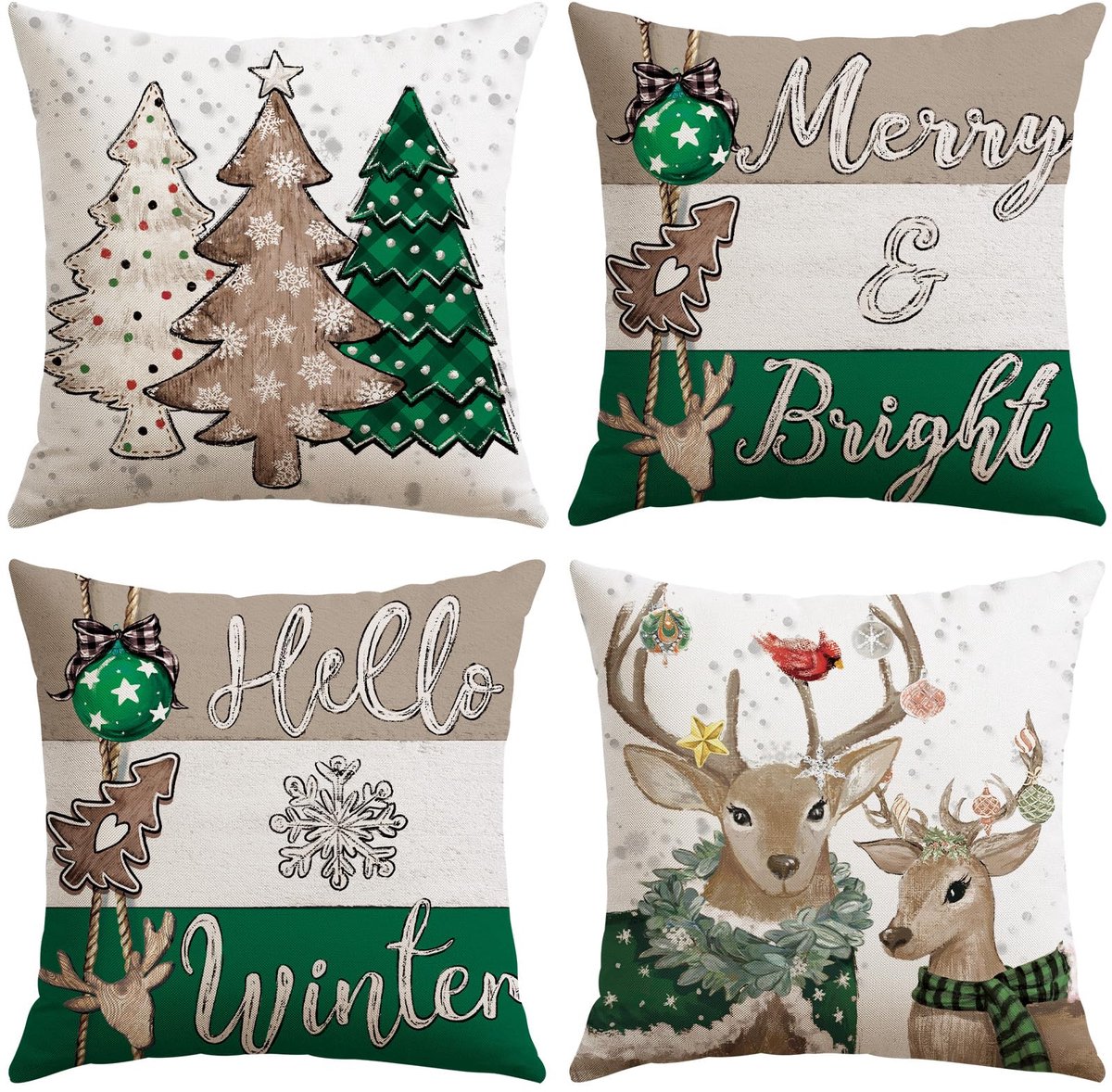Unyqoos Set van vier decoratieve winterse kussenhoezen voor sfeervolle kerstdagen groen