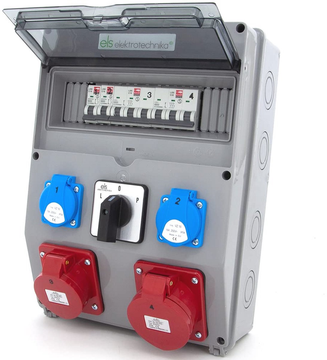 Stroomverdeler met 12 modules, wandverdeler, 2 x 230V Schuko, CEE 16A, CEE 32A, en L-0-P schakelaars