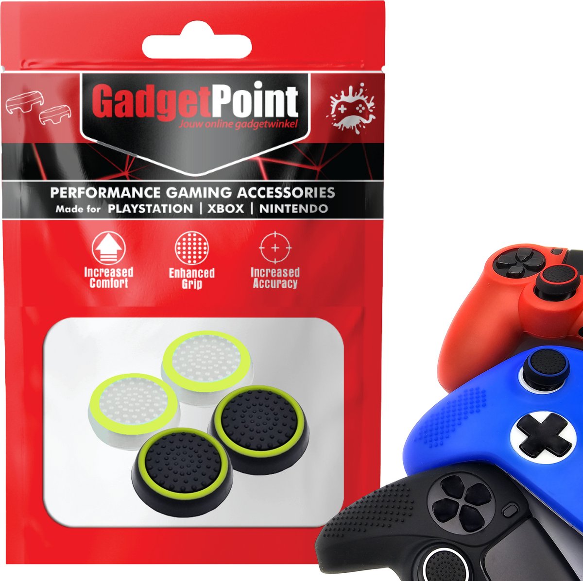 Gadgetpoint - Thumb Grips voor PlayStation, PS5, Xbox X/S, One & Switch Pro Controller - Gaming Thumbgrips - Performance Anti-Slip Thumbsticks - Bescherming Accessoires - Wit Lichtgroen en Zwart Lichtgroen