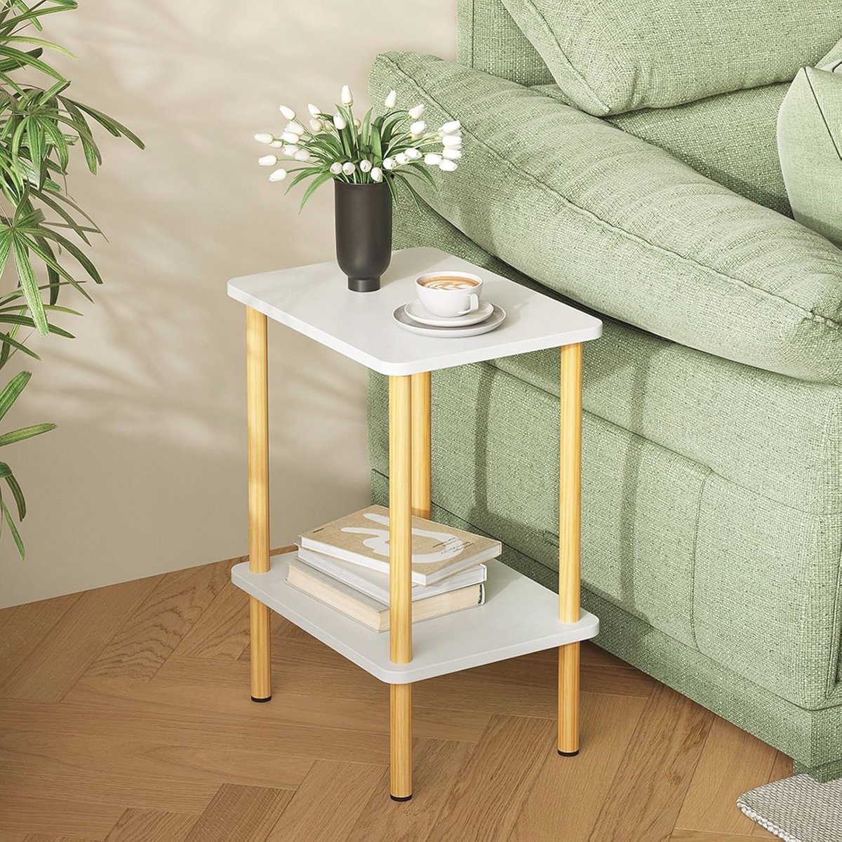 Smal Houten Bijzettafel met 2 Niveaus en Opbergruimte voor Woonkamer en Slaapkamer - Eenvoudige Montage, Wit/Natuurlijk