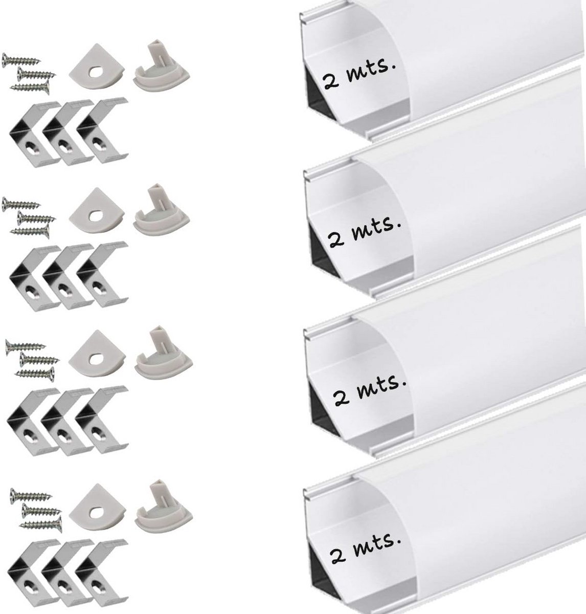 Aluminium Profiel voor LED Strip met Opaque Diffuser - 2 Meter Hoekprofiel voor Strips met Bevestigingsbeugel en Eindkappen