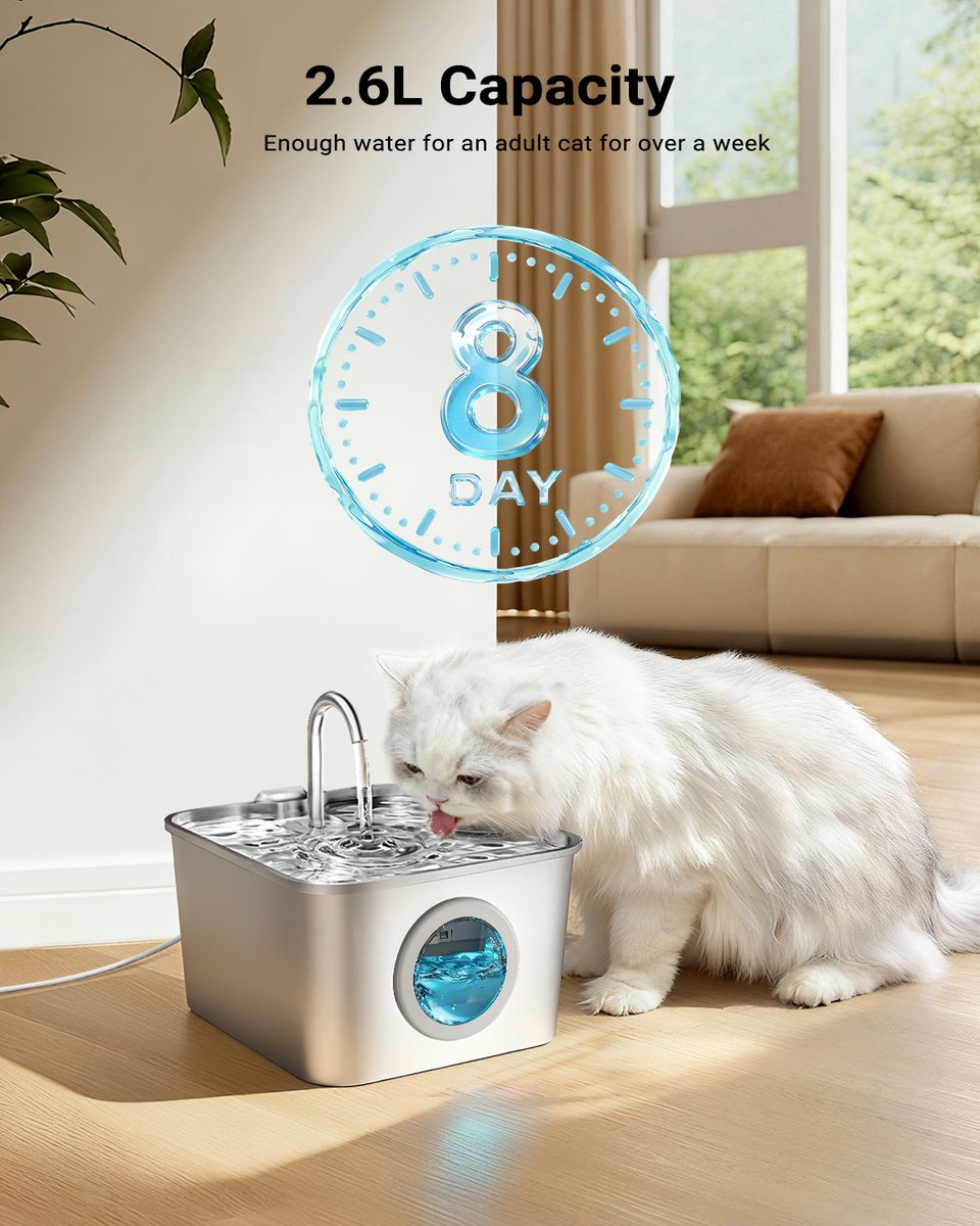 BalimoPet Drinkfontein Kat en Hond -Roestvrijstalen pallet - Kattenfontein 2.5L - Waterdispenser Met LED - Incl. 6 Filters en cleaning tool + 6 sponzen - Fluisterstil thumbnail 7