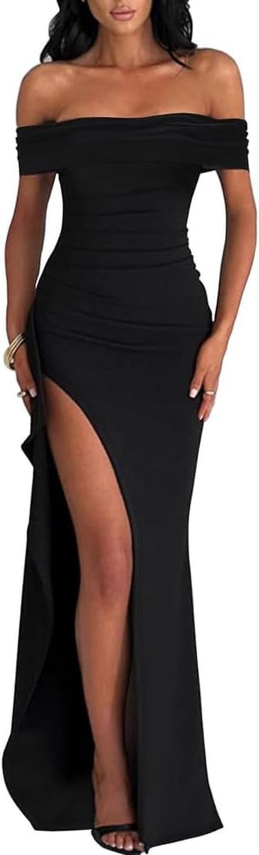 Elegante schoudervrije maxi-jurk voor dames met hoge split - Long partyjurk en ceremoniejurk