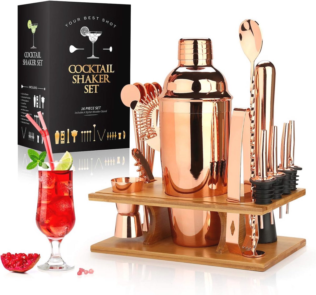 Cocktailshakerset 16-delig - Professionele barmanset met bamboestandaard voor feesten en evenementen