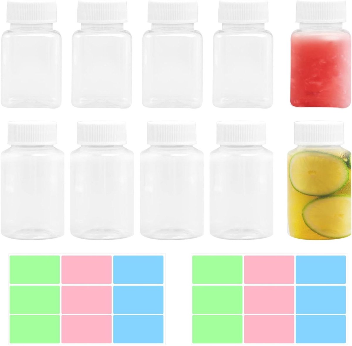 Allecta - Set van 10 transparante herbruikbare kunststof sapflessen met deksel - 100 ml - ideaal voor melk, dranken en water.