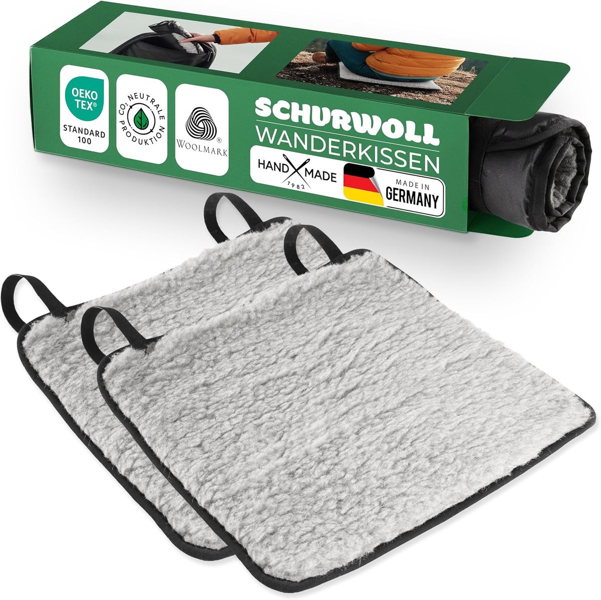 Novaliv 2-delige set outdoor zitkussens, 38 x 38 cm, grijs, wandelkussens gemaakt van zuivere wol, waterafstotende PA-achterkant, thermisch verwarmend, ademend, geschikt voor backpacken, kamperen, trektochten, rondreizen en picknicks.