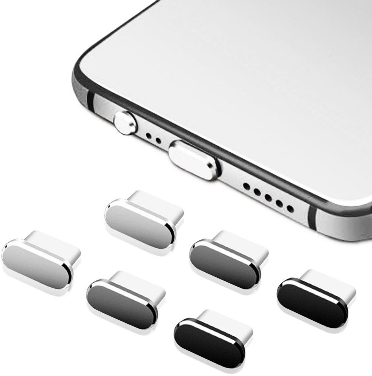EXCITAT USB-C-stofpluggen - Stofpluggen voor telefoonoplaadpoorten - 2 zwart + 2 zilver + 2 grijs