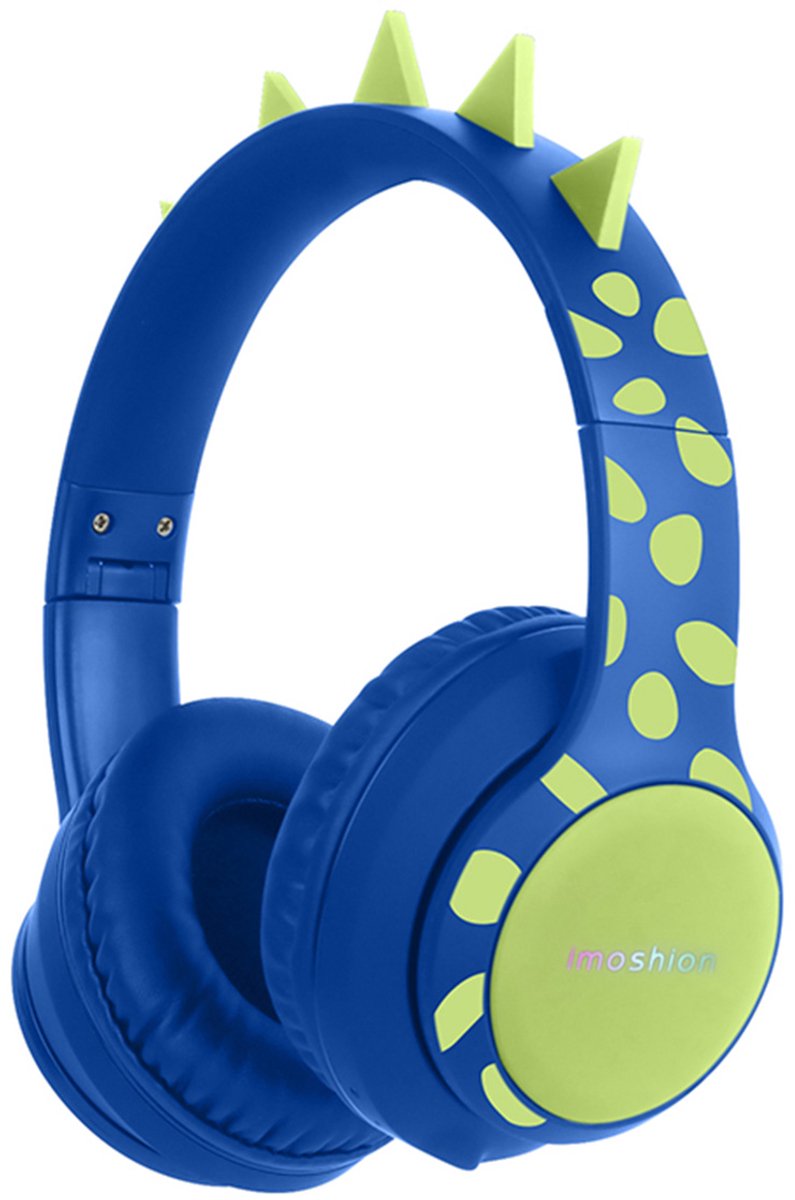 imoshion Kids Dino Bluetooth Headphones - Kinder koptelefoon met decibelbegrenzer - Draadloze koptelefoon + AUX kabel - Cobalt Blue / Lime