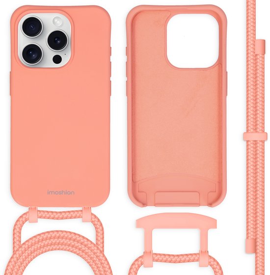 Coque de téléphone couleur pêche, avant et intérieur, avec cordon détachable.