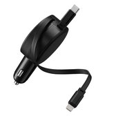 Zwarte autolader met een oprolbaar snoer en een USB-C en Lightning connector.