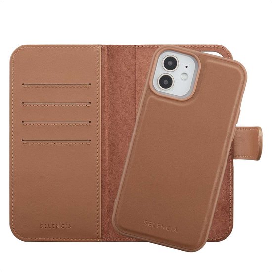 Étui livre Selencia marron ouvert, montrant des fentes pour cartes et un étui amovible pour iPhone 12 Pro/12.