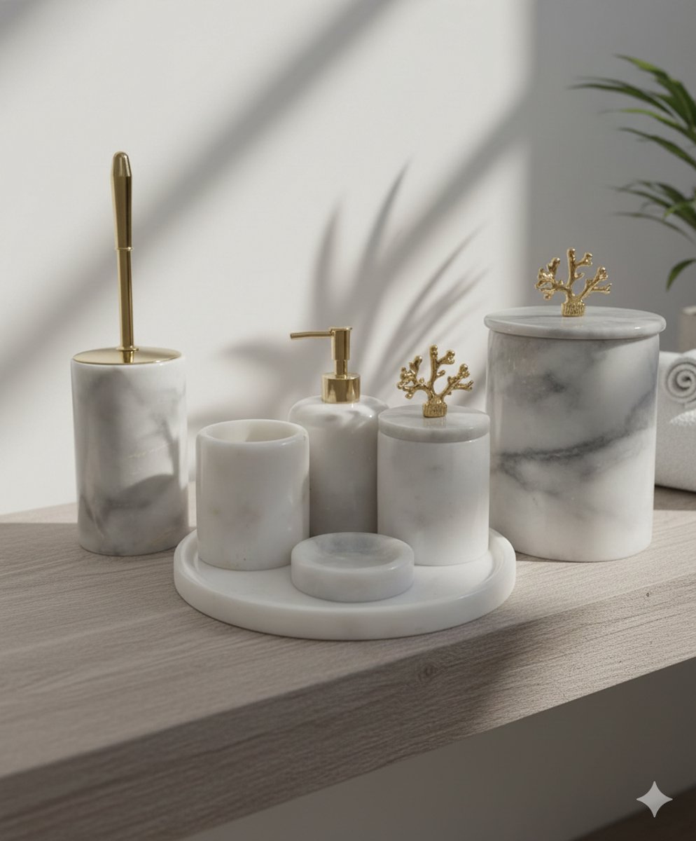 Marmer Badkameraccessoires Set – 7-delig – Luxe Natuursteen – Inclusief Toiletborstelhouder, Tandenborstelhouder, Zeeppomp, Zeepdispenser, Opbergpotje met deksel, Vuilnis pot met deksel & Tray – Wit