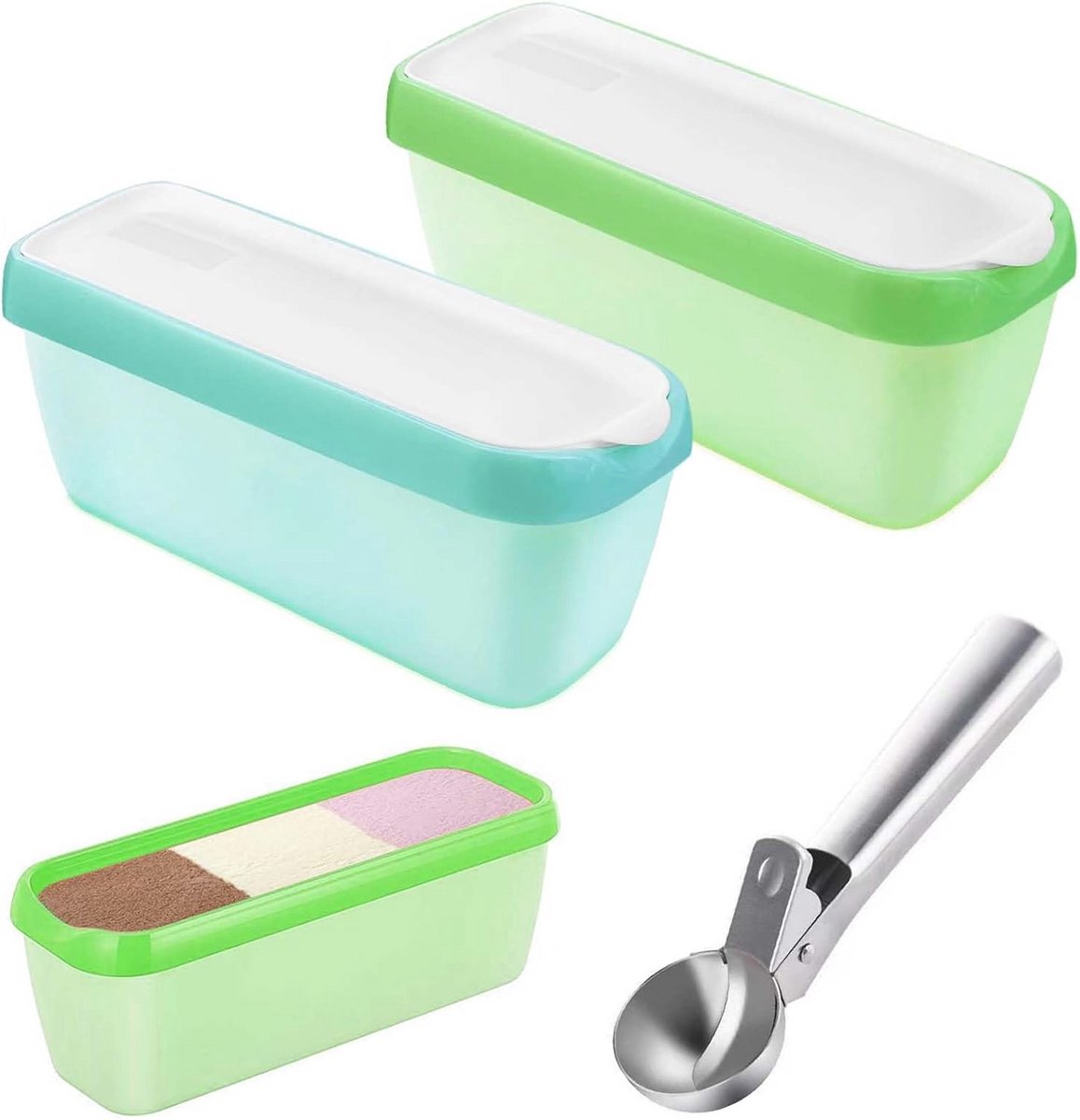 2 Stuks Ijscontainers met Ijsschep - Herbruikbare Diepvriescontainer voor Zelfgemaakt IJs en Sorbet