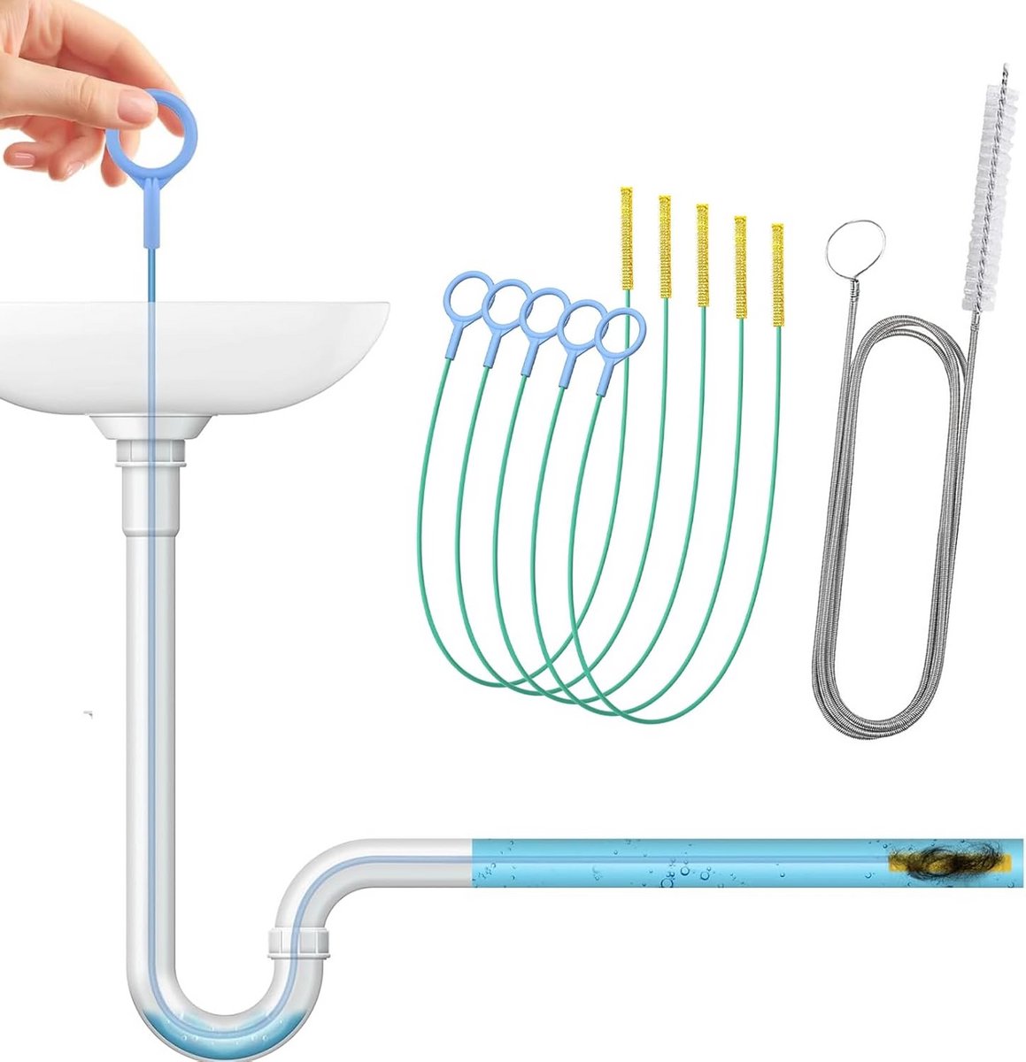 Afvoerontstopper set - 5 flexibele fretten en 1 koelkast gereedschap, herbruikbaar en geschikt voor keuken en badkamer