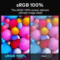 Vergelijking van twee schermen die een levendige afbeelding van ballen tonen, met 'sRGB 100%' naast 'Other'.