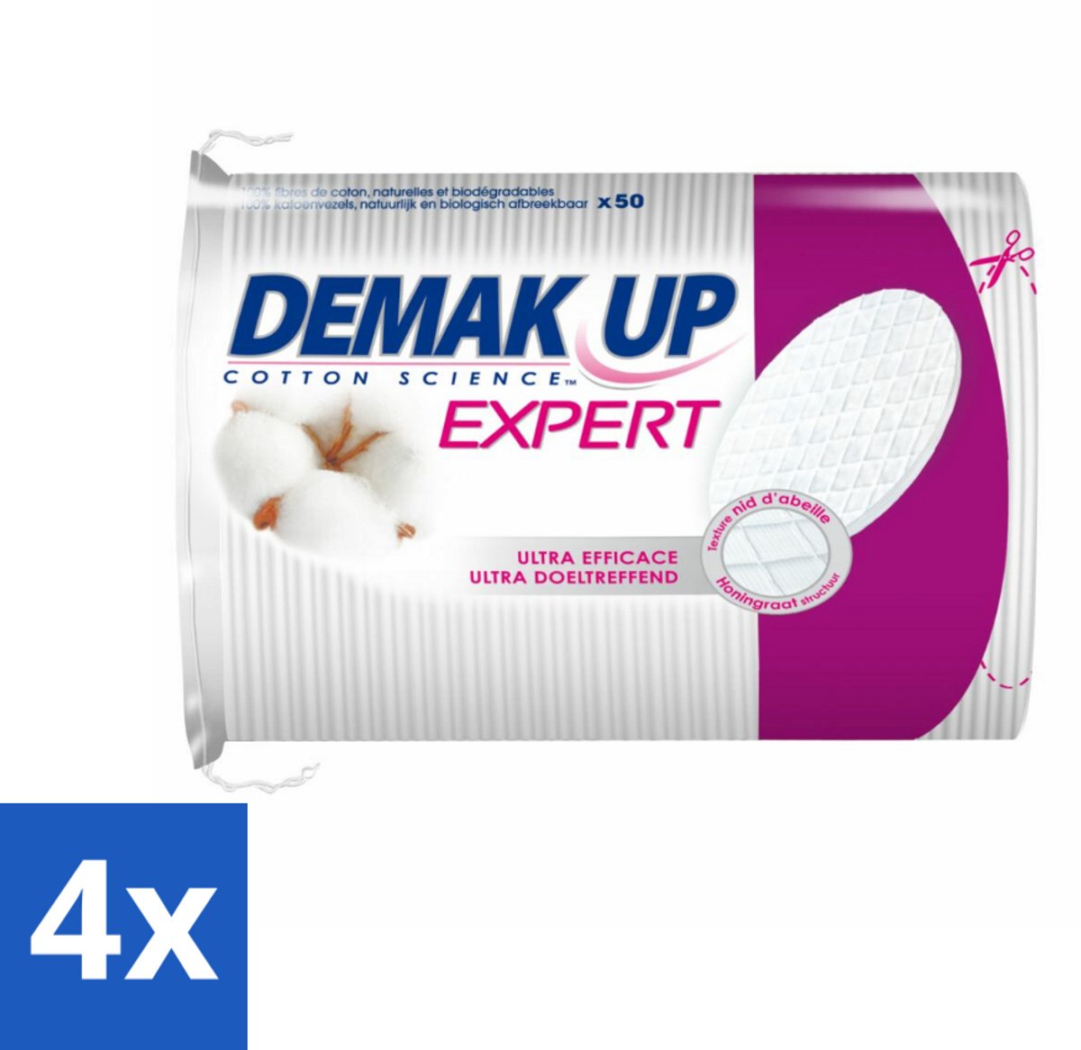 Demak'Up – Wattenpads Duo Maxi – 100% katoen & biologisch afbreekbaar – 50 wattenschijfjes - Voordeelverpakking - 4 stuks