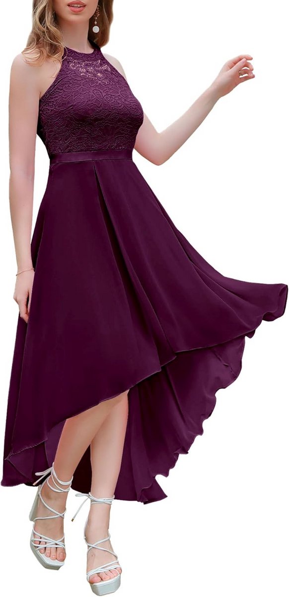 Elegante High-Low Cocktailjurk voor Dames met Kant en Halternek