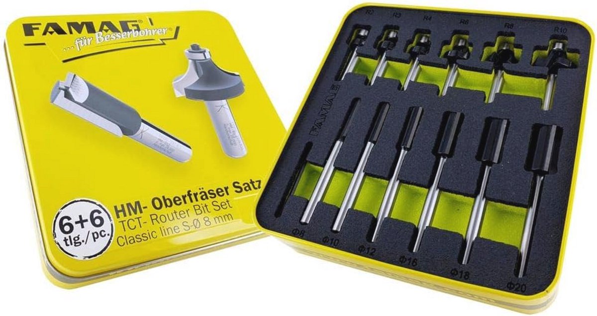 Hardmetalen freesset 6+6, groef- en afrondfrees, schachtdiameter 8 mm, metalen doos