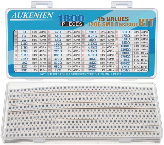 AUKENIEN 1800 stuks 1206 SMD Weerstand Kit, 45 waarden, 1% tolerantie in doos.