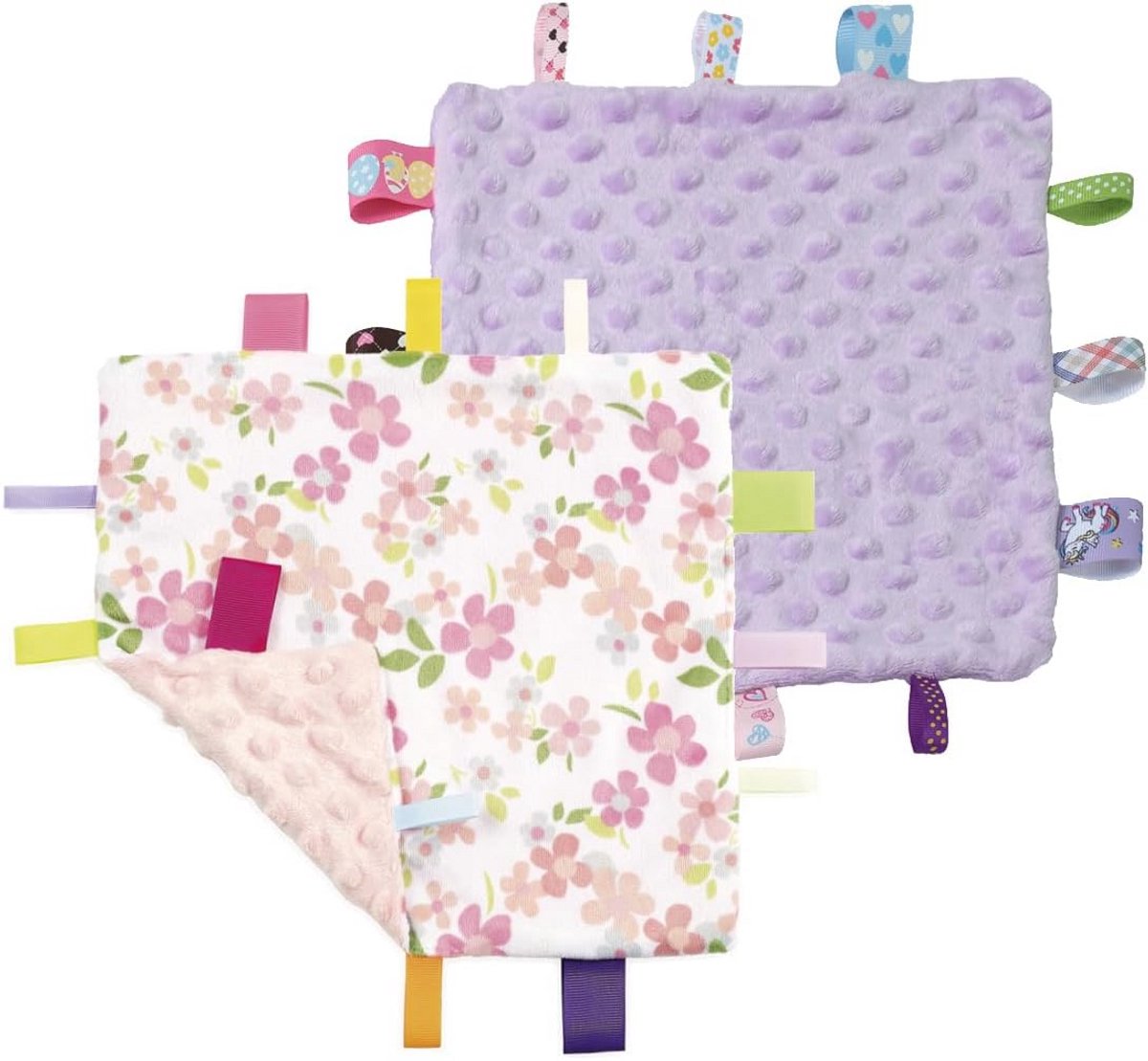 CREVENT Tag veiligheidsdekens voor baby's, zachte kleine Loveys voor meisjes, baby trooster sensorische deken, geweldig cadeau voor verjaardag Baby Shower 24X24cm (Wilde bloemen + Paars)