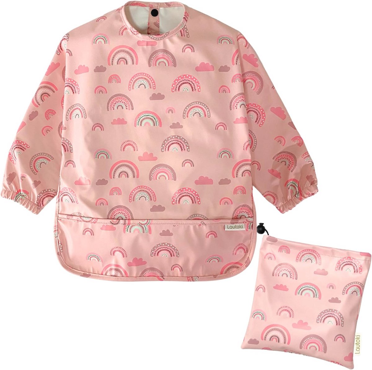 LAUTOKI® | Waterdichte Baby Slabbetjes + Draagtas | Maat 12-36M | Slabbetje met Mouwen Waterdicht | Kangoeroezak en Elastische Manchetten | Slabbetjes Baby (Arcoíris Rosa)