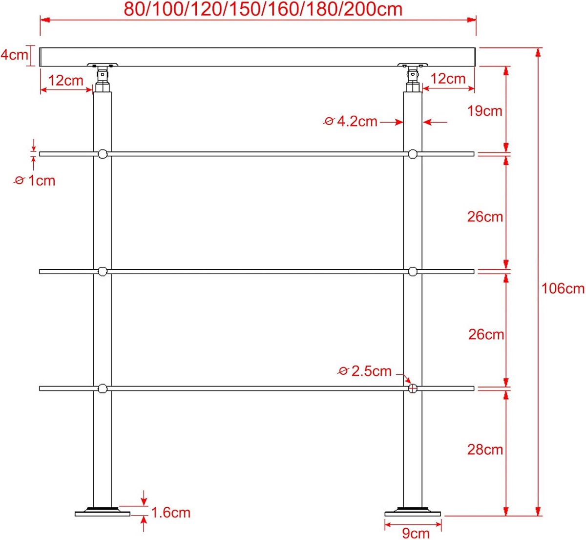 Roestvrijstalen trapleuning met 3 dwarsliggers - Verstelbare balustrade voor binnen en buiten (120 cm)