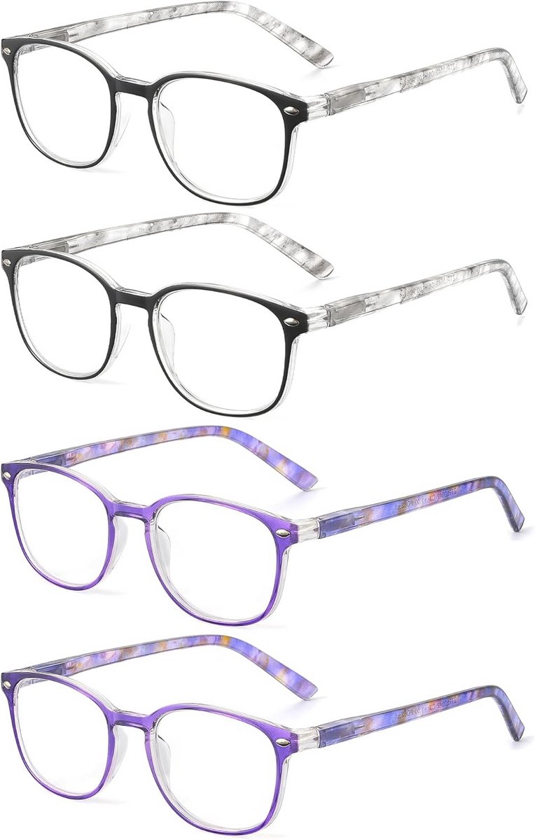 JM Leesbril Set van 4 Kwaliteit Veerscharnier Lezers Heren Dames Brillen om te Lezen +4.0 2 Stuks Grijs en 2 Stuks Blauw