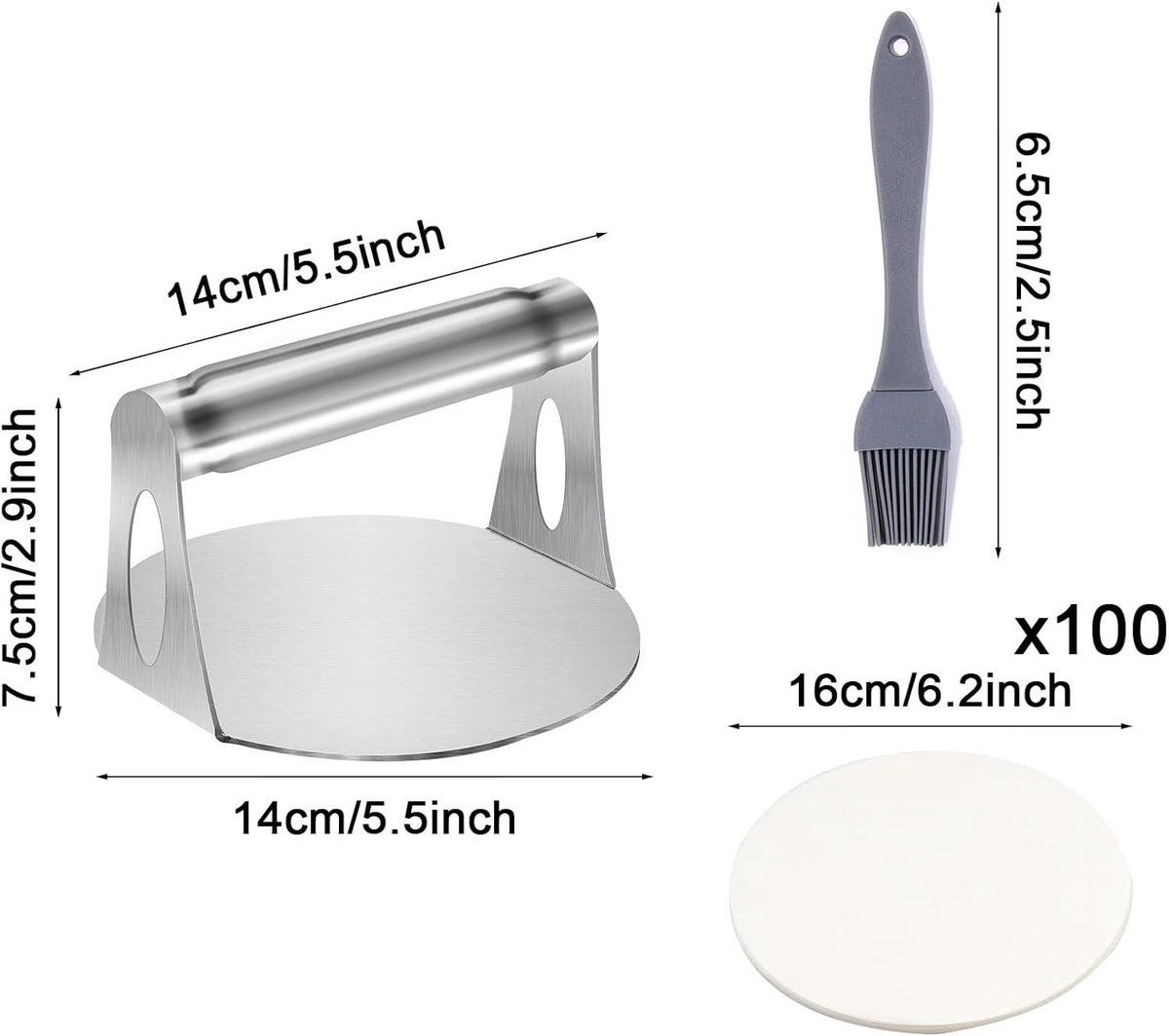 Stevige roestvrijstalen hamburgerpers - Ø14 cm - Anti-aanbaklaag - Ergonomische handgreep - Makkelijk te reinigen - Voor hamburgers, pasteitjes, vlees - Geschikt voor barbecue