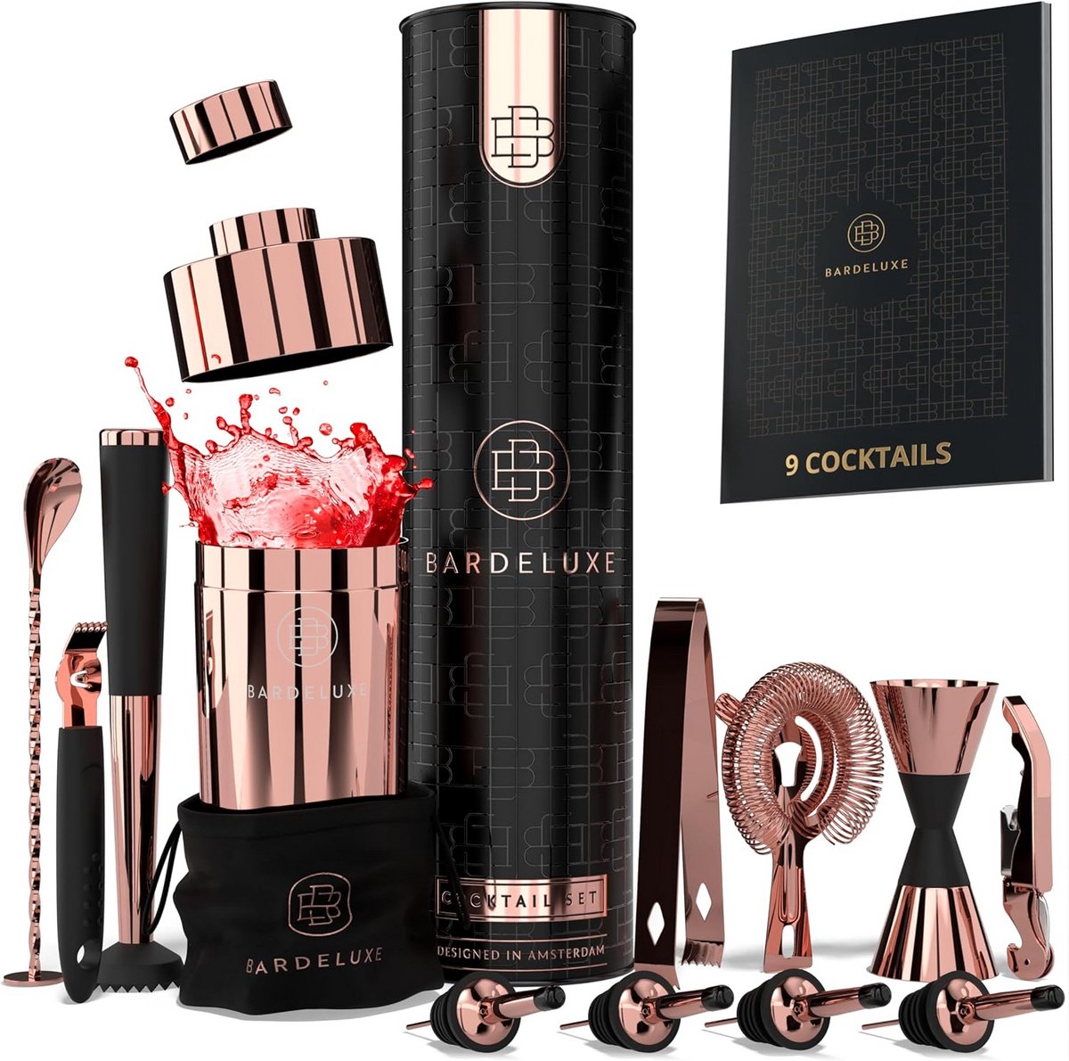 Complete 12-delige Cocktail Set in Roségoud met Shaker en Receptenboek