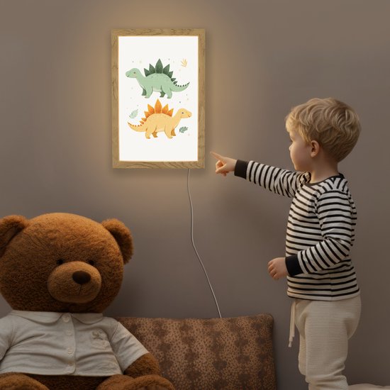 Nachtlampje 20x30 cm - Kinder lamp - Sterren - Stegosaurussen - Blaadjes - Groen - Tafellamp kinderkamer - Slaapkamer lamp - Bedlamp kinderen - Kinderlampje stopcontact - Wandlamp babykamer - Nachtlampjes van Walplus — afbeelding 5
