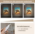 Drie afbeeldingen tonen een monster truck lamp in drie helderheidsinstellingen. Een hand houdt een dimbare bedieningskabel vast.