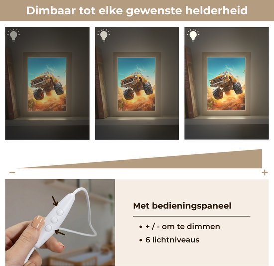 Drie afbeeldingen tonen een monster truck lamp in drie helderheidsinstellingen. Een hand houdt een dimbare bedieningskabel vast.