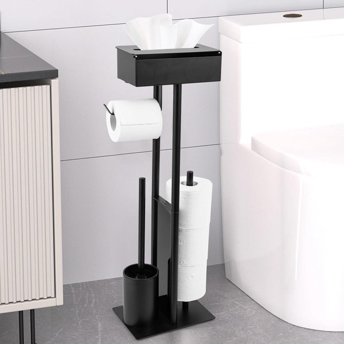 Staande set voor toiletpapier, wc-borstel en vochtige doekjes - Badkameraccessoire in zwart metaal met toiletpapierhouder - Toiletborstelstandaard met opbergruimte voor wc-rollen