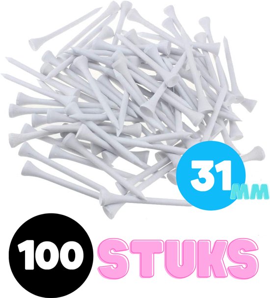 Een stapel witte golf tees van 31 mm. Er staat '100 STUKS' op de afbeelding.