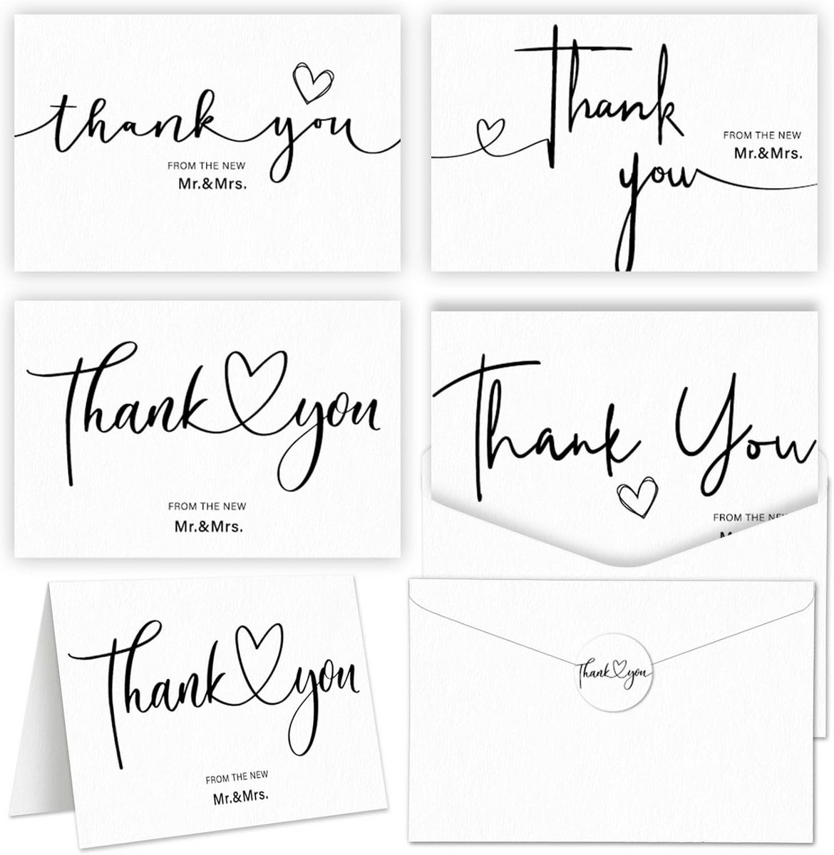 50x Bruiloft Bedankkaarten Set met Enveloppen & Stickers - Heer en Mevrouw Bedankbriefjes