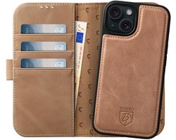 Rosso Elite Hoesje Geschikt voor Apple iPhone 14 | Compatibel met MagSafe | Book Case en Back Cover | Magnetisch Uitneembaar | Echt Leer Beschermhoes met Pasjeshouder | Lichtbruin