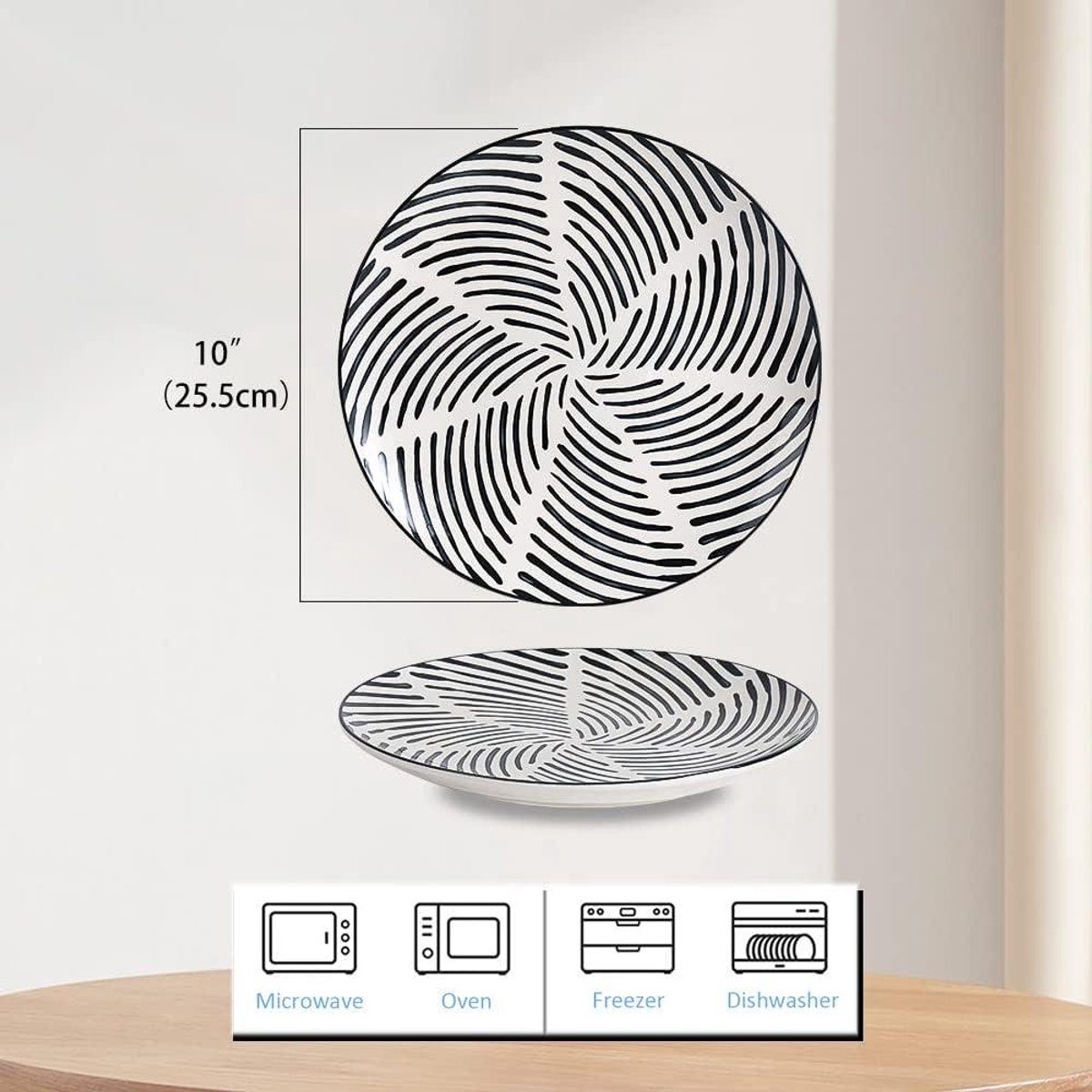 Keramische Dinerborden Set - Moderne Zwarte Patroon - 25,5 cm - 6 stuks - Vaatwasserbestendig - Magnetronbestendig - Ovenbestendig