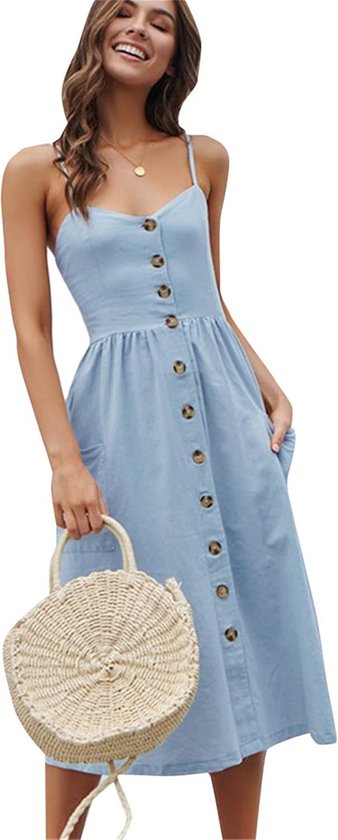 WNEEDU Zomerjurk Dames Oogje Spaghettibandjes Strandjurk Mouwloze Holle Mini -Jurk Wit M
