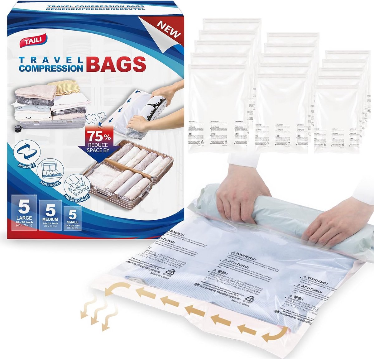 Handrol Vacuümzakken Set (5 Stuks) - Reis & Opslag Kleding en Beddengoed - Zonder Pomp