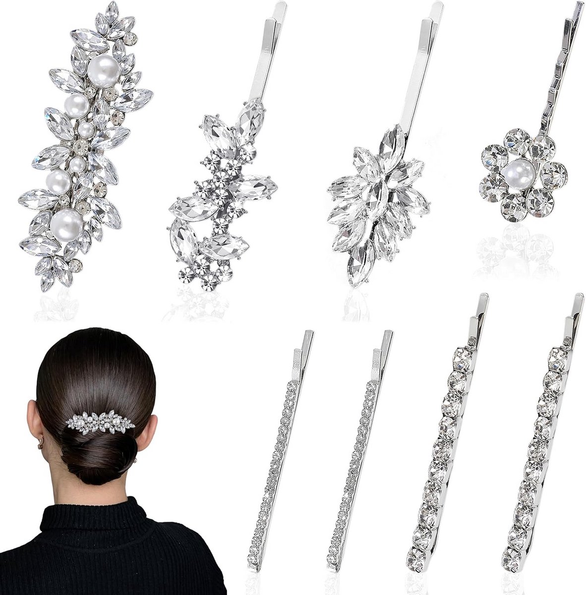 8 Stuks Glanzende Strass Haarspeldjes Zilveren Bruid Haaraccessoires