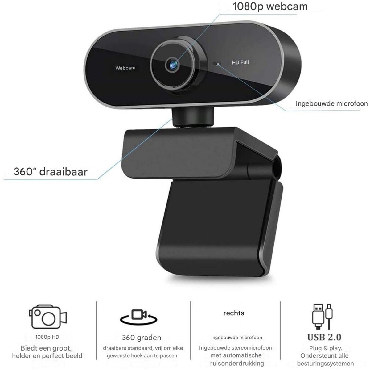 EXCITAT HD Webcam 1080P met microfoon en ruisonderdrukking thumbnail 2