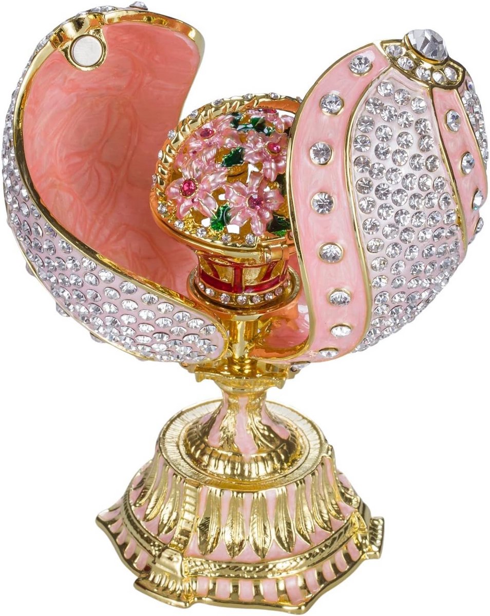 Faberge Stijl Gedraaid Ei met Bloemen in Mandje - 12 cm Roze