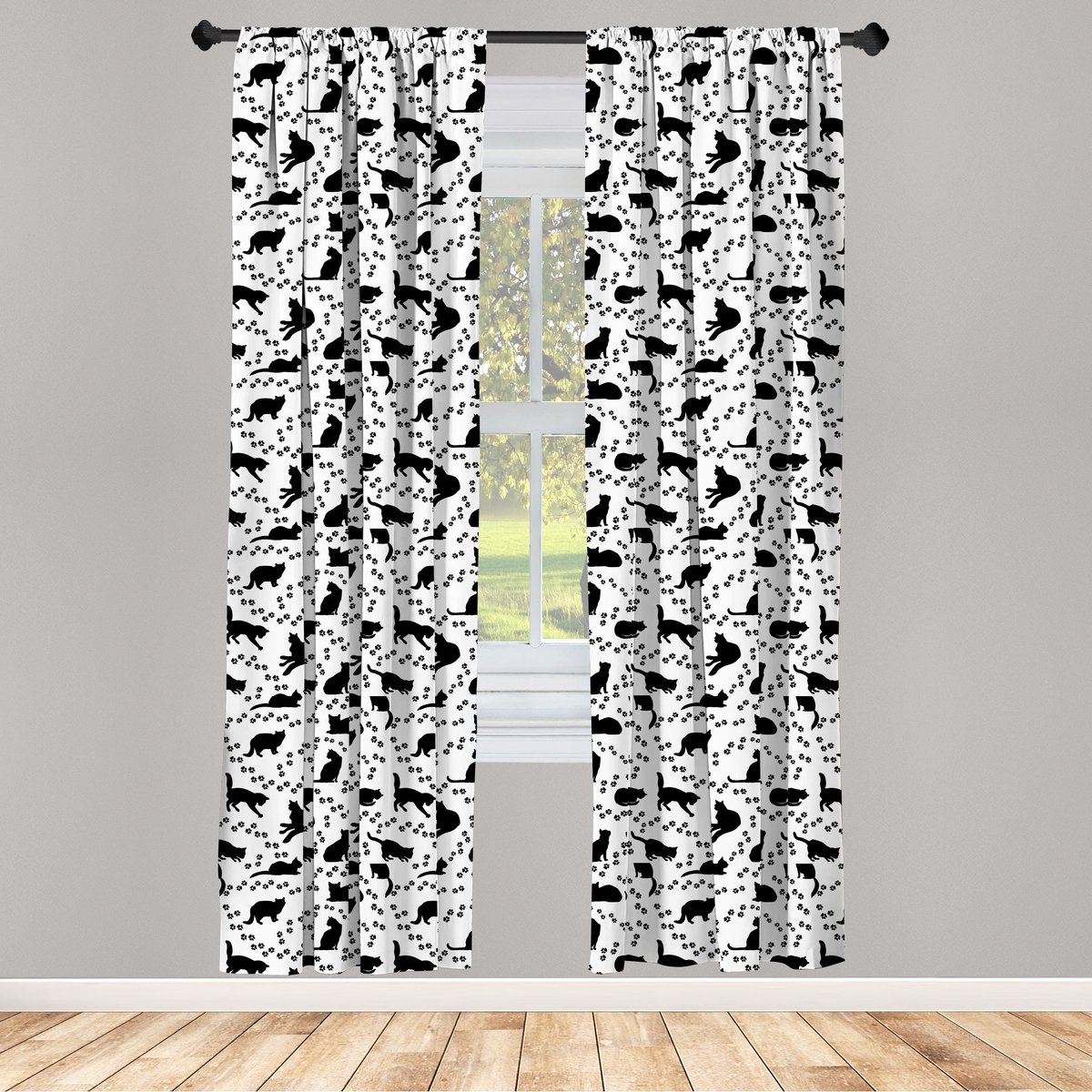 ABAKUHAUS Kattenraamgordijnen – 2x75x175 cm – Voorhang – Zwart/Wit