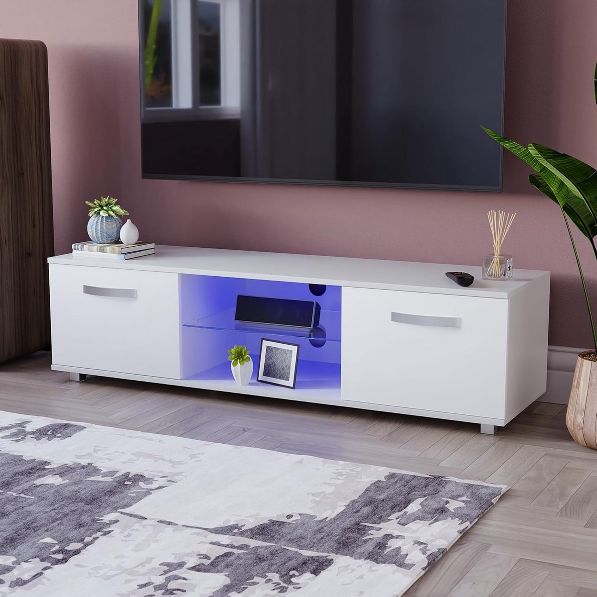 Moderne TV Meubel met LED Verlichting - 140 cm Breed - Wit Hoogglans & Mat