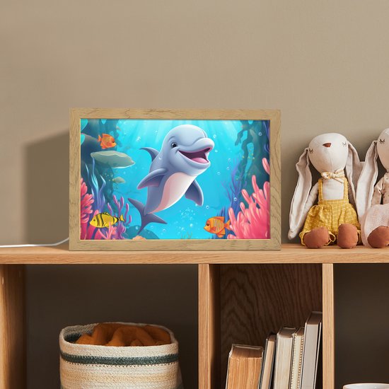 Nachtlampje 30x20 cm - Kinder lamp - Dolfijn - Zeedieren - Onderwater - Kinderen - Meisjes - Tafellamp kinderkamer - Slaapkamer lamp - Bedlamp kinderen - Kinderlampje stopcontact - Wandlamp babykamer - Nachtlampjes van Merkloos — afbeelding 3